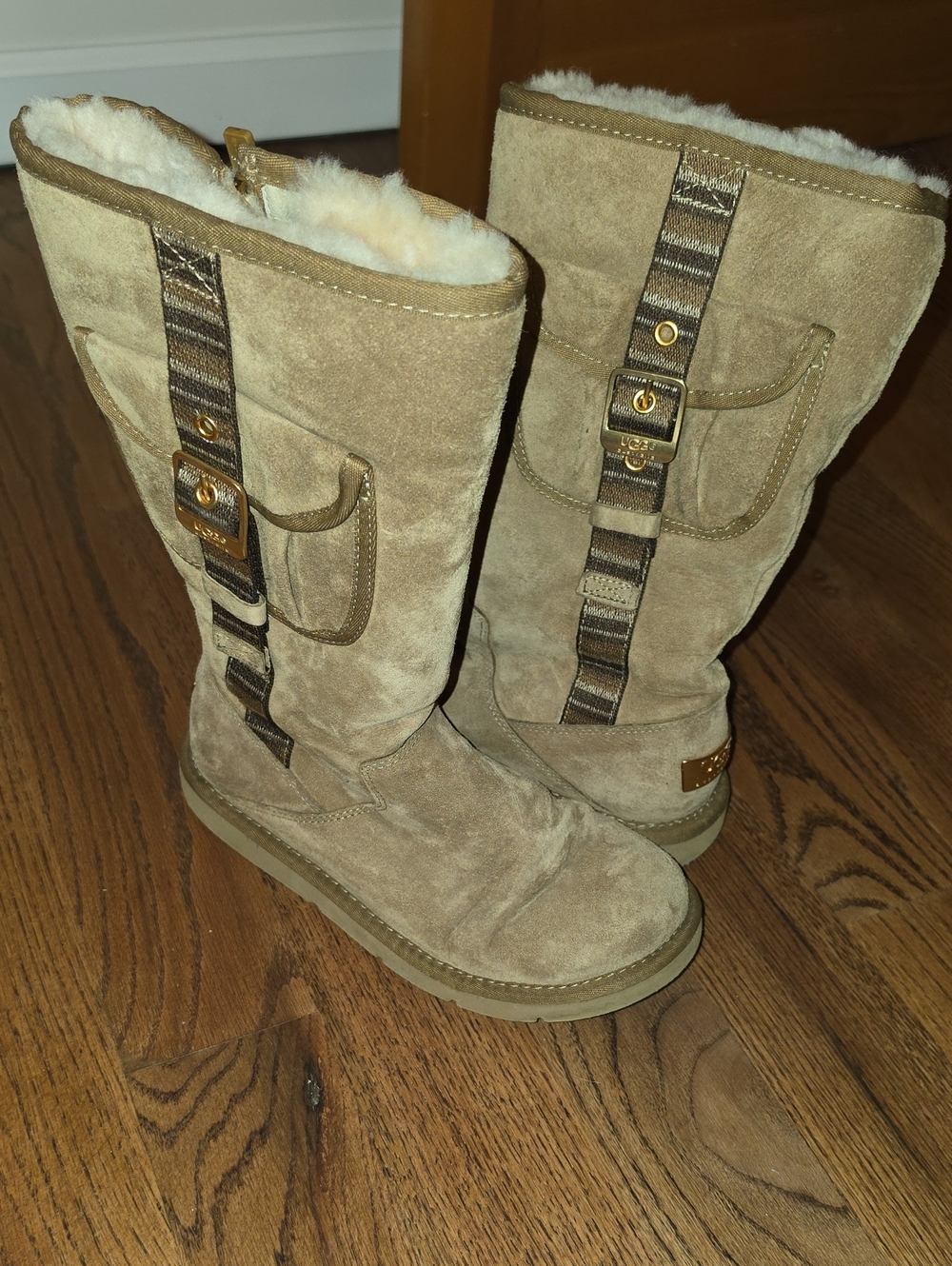 UGG Suede Boots in Chestnut with Side Zip & Pocket/Buckle Detail Gold Logo Plate